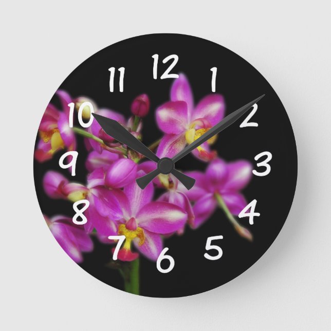 Horloge Ronde Salon - Orchidées violettes sur arrière - plan noi (Recto)