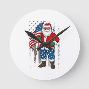 Horloge Ronde Santa USA Drapeau Américain Noël En Juillet Joyeux