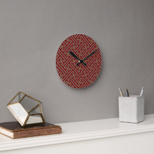 Horloge Ronde Sayagata motif, japonais, bourgogne et or