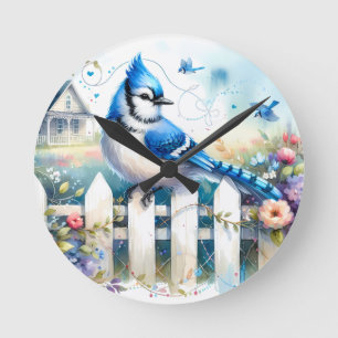Horloge Ronde Scène de clôture de jardin de cottage Blue Jay
