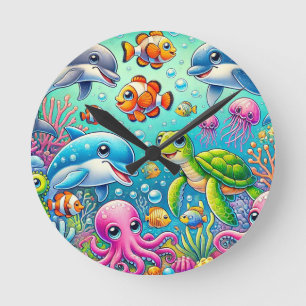 Horloge Ronde Scène Sous-Marine Colorée Avec Mer Jouante