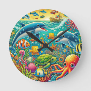 Horloge Ronde Scène sous-marine colorée avec vie marine