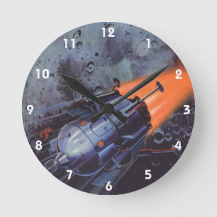 Horloge Ronde Science-Fiction vintage, Fusée Lune Qui S'Éteint