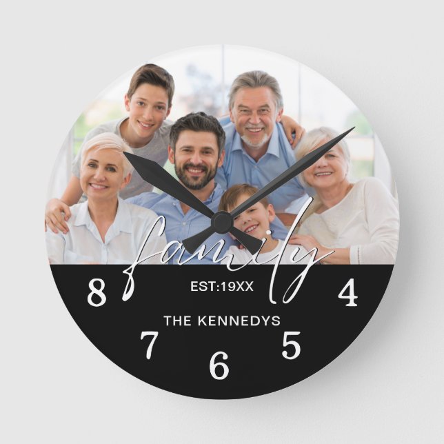 Horloge Ronde Script Famille Typographie Nom Photo Noir Blanc (Recto)