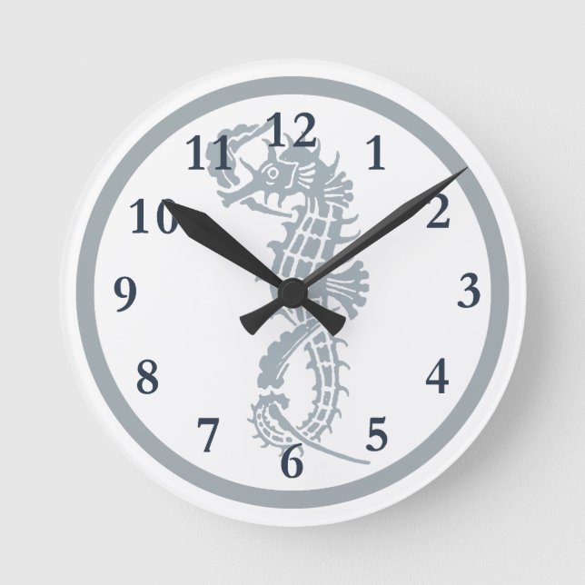 Horloge Ronde Seahorse Bleu Classique Nautique Élégant (Recto)
