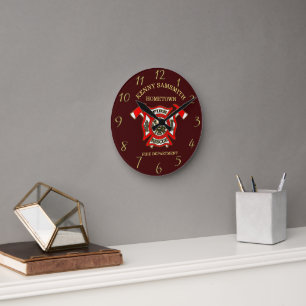 Horloge Ronde Service D'Incendie Insigne Or Et Rouge Avec Axes