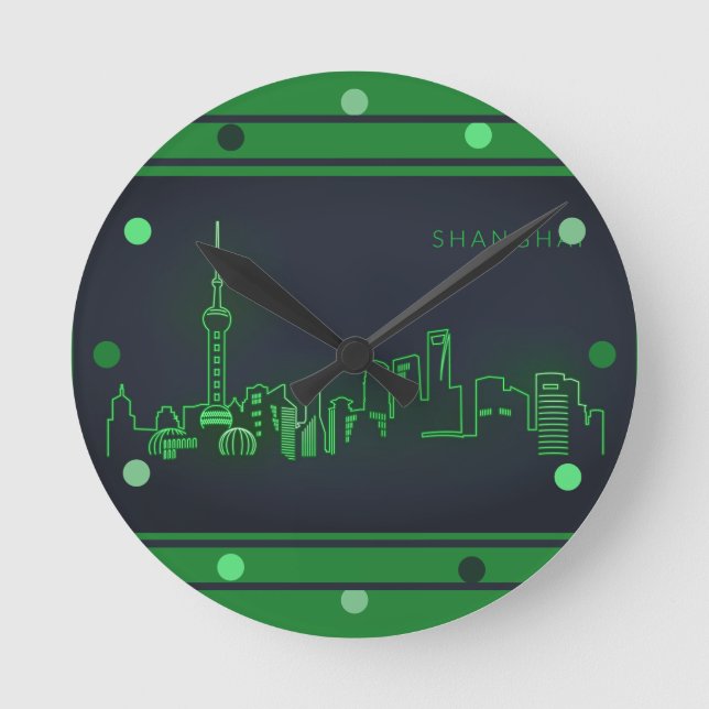 Horloge Ronde Shanghai Skyline Green Neon Look Cityscape Wall (Recto)