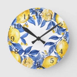 Horloge Ronde Sicilian Lemon Tiles Pattern Mediterranean Dolce 