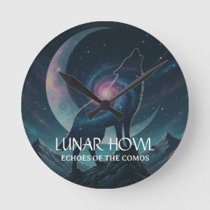 Horloge Ronde Silhouette de Loup Galactique avec Lune (SANS CHIF