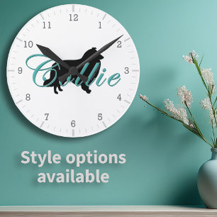 Horloge Ronde Silhouette de Rough Collie Texte Script Teal