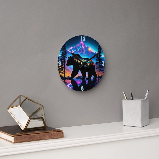 Horloge Ronde Silhouette d'un ours montrant le paysage naturel (Bureau)