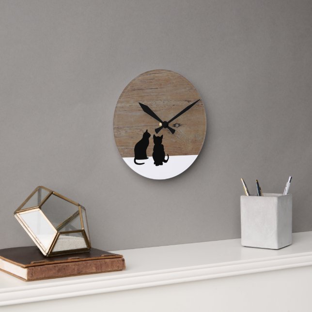 Horloge Ronde Silhouettes de chats noirs modernes sur bois (Bureau)