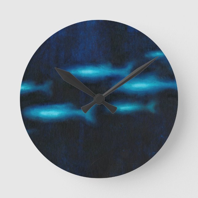 Horloge Ronde Silhouettes translucides bleues de poissons (Recto)