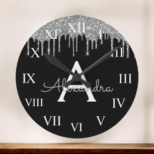 Horloge Ronde Silver Black Parties scintillant de luxe Glam Nom 