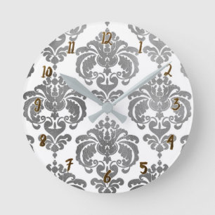 Horloge Ronde Silver & blanc Damask Glam Moderne Personnalisé