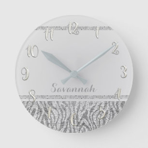 Horloge Ronde Silver White Zebra Print Glam Sequins Glitter