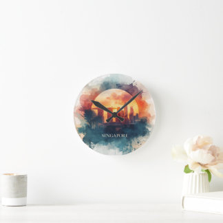 Horloge Ronde Singapore city retro watercolor Skyline
