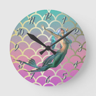 Horloge Ronde Sirène sur écailles de queue de sirène ombrées
