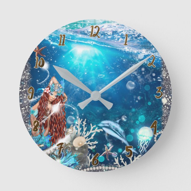 Horloge Ronde Sirène Tête Rouge Fantaisie Sous la Mer Personnali (Recto)