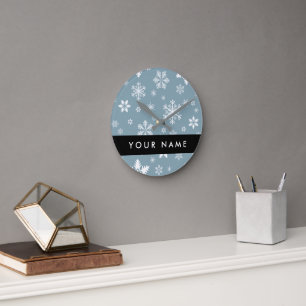 Horloge Ronde Snowflakes blanc, Grey, Votre nom, Personnaliser