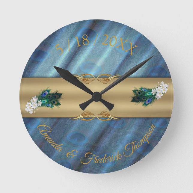 Horloge Ronde Soie bleu-vert métallique - Plumes de Peacocks or (Recto)