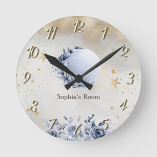 Horloge Ronde Soleil céleste, Lune bleue Roses, Ciel nocturne ét