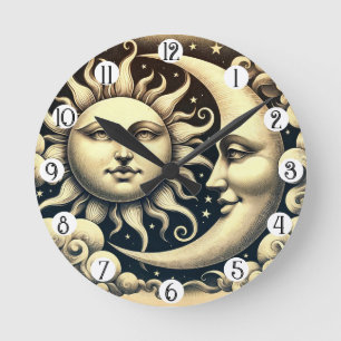 Horloge Ronde Soleil céleste vintage et lune