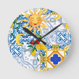 Horloge Ronde Soleil sicilien, citron, majolica, Coureur de tabl