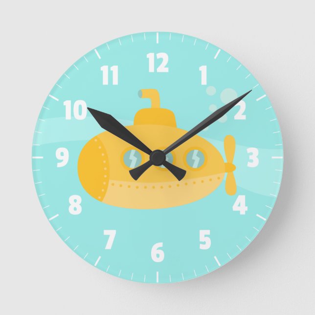 Horloge Ronde Sous-marin jaune mignon, pour chambre pour enfants (Recto)