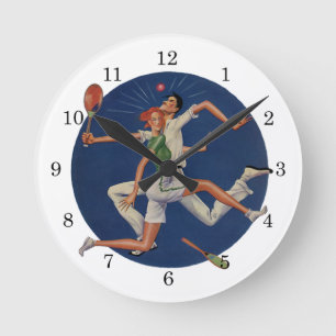 Horloge Ronde Sports vintage, joueurs de tennis se percutent ave