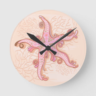 Horloge Ronde Starfish and Coral Pink Pastel Pattern