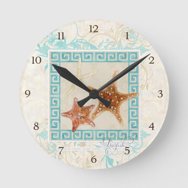 Horloge Ronde Starfish Sea Shells Ocean Greek Key Pattern (Recto)