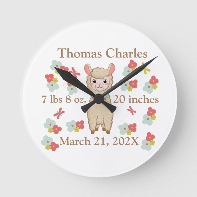 Horloge Ronde Statistiques de naissance Bébé Llamas Fleurs Papil (Recto)