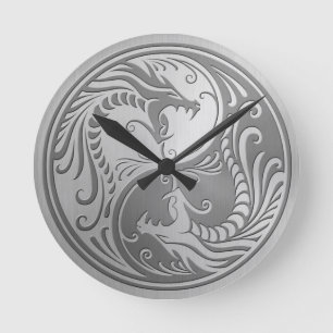Horloge Ronde Steel Yin Yang Dragons