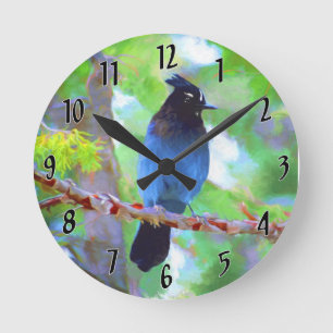 Horloge Ronde Steller's Jay Painting - Art d'Oiseau sauvage orig