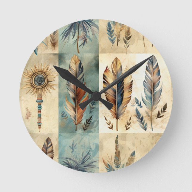 Horloge Ronde Stick de médecine des plumes tribales Aztec (Recto)
