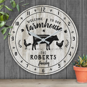Horloge Ronde Style fermier Barne Rustique Bois Vache Nom person