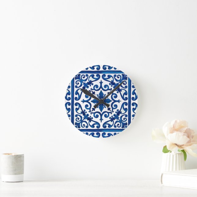 Horloge Ronde style italien, méditerranéen, mosaïque, bleu, (Maison)