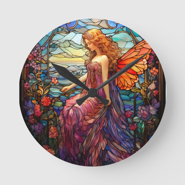 Horloge Ronde Style Tiffany Vitrail Verre magique Fée (Recto)