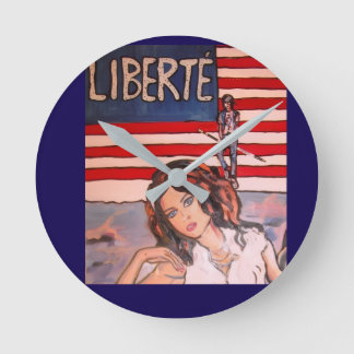 Horloge Ronde Style Vintage Liberté Portrait avec Drapeau Améric