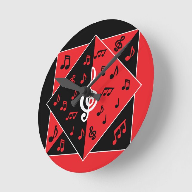 Horloge Ronde Stylish Art déco Music Notes Red White (Angle)