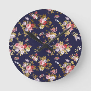 Horloge Ronde Stylish bleu marine or rose boho floral