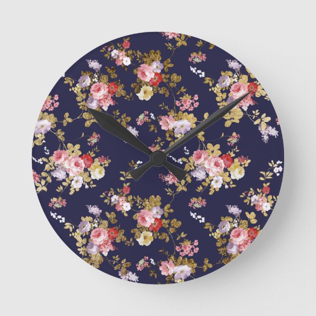 Horloge Ronde Stylish bleu marine or rose boho floral (Recto)
