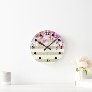 Horloge Ronde Stylish floral Gold Striped