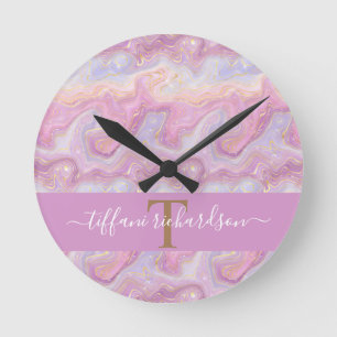 Horloge Ronde Stylish Pink Purple Gold Agate Geode