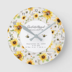Horloge Ronde Sunflower Bee Rustique Bois Jaune Statistiques de 