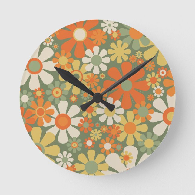 Horloge Ronde Super Retro Floral 60s les années 70 Fleurs (Recto)