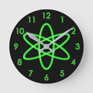 Horloge Ronde Symbole atomique vert clair au néon unique