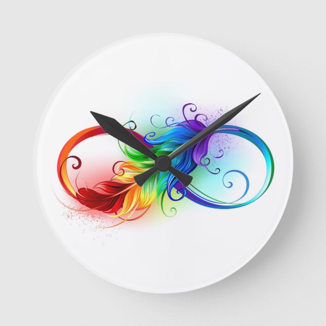 Horloge Ronde Symbole d'infini avec plume arc-en-ciel (Recto)