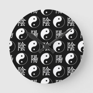 Horloge Ronde Symbole Yinyang noir Motif de texte chinois